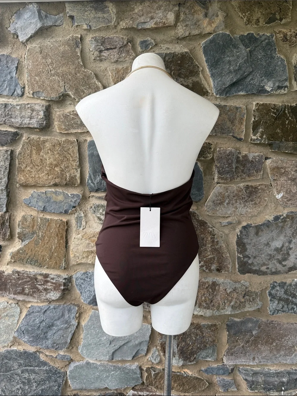 NWT Zara Brown Gold Hardware Halter Drape One Piece Swimsuit Size Small